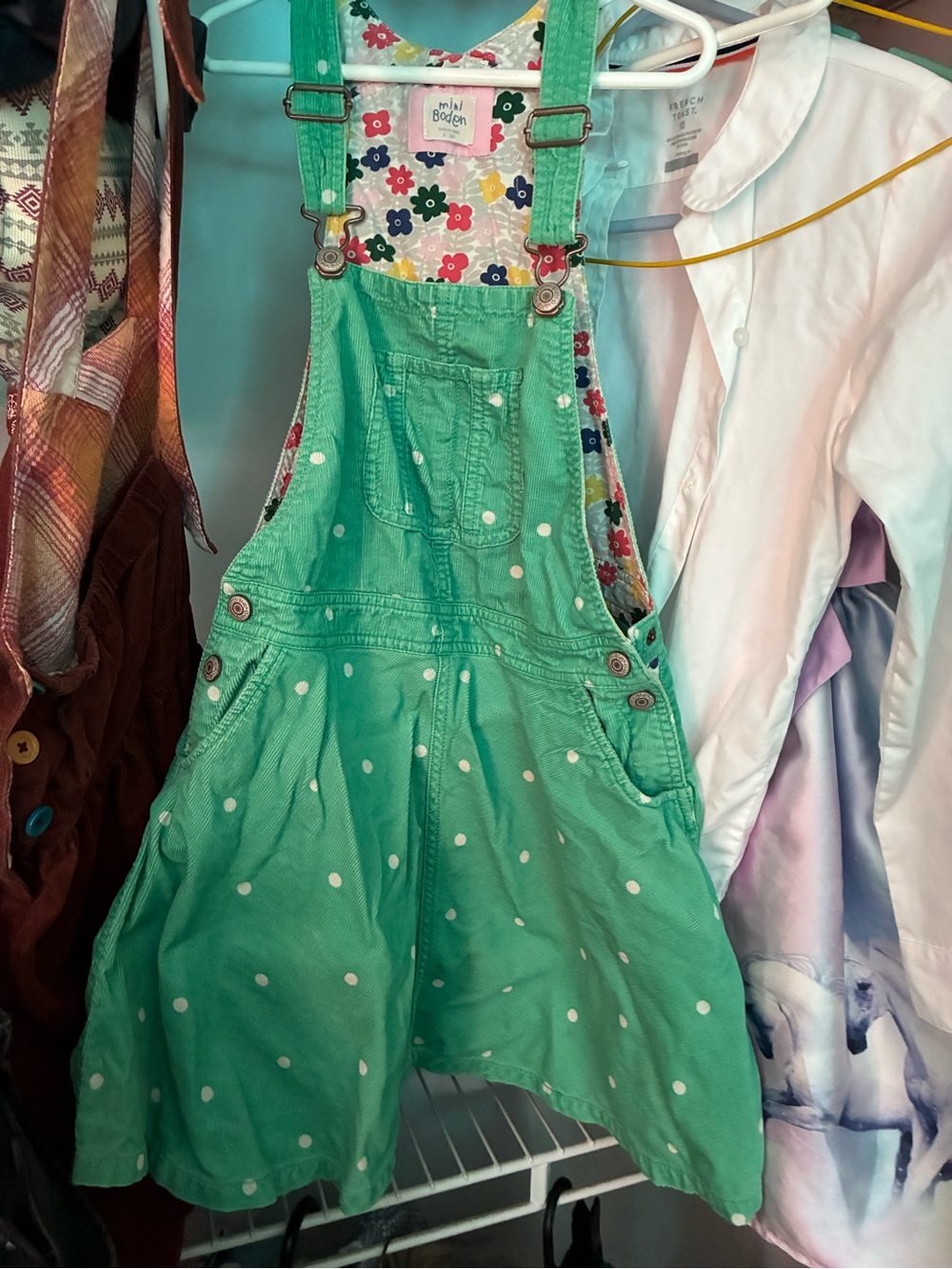 Mini Boden Green Polka Dot Cotton Overall Dress 9/10 Corduroy